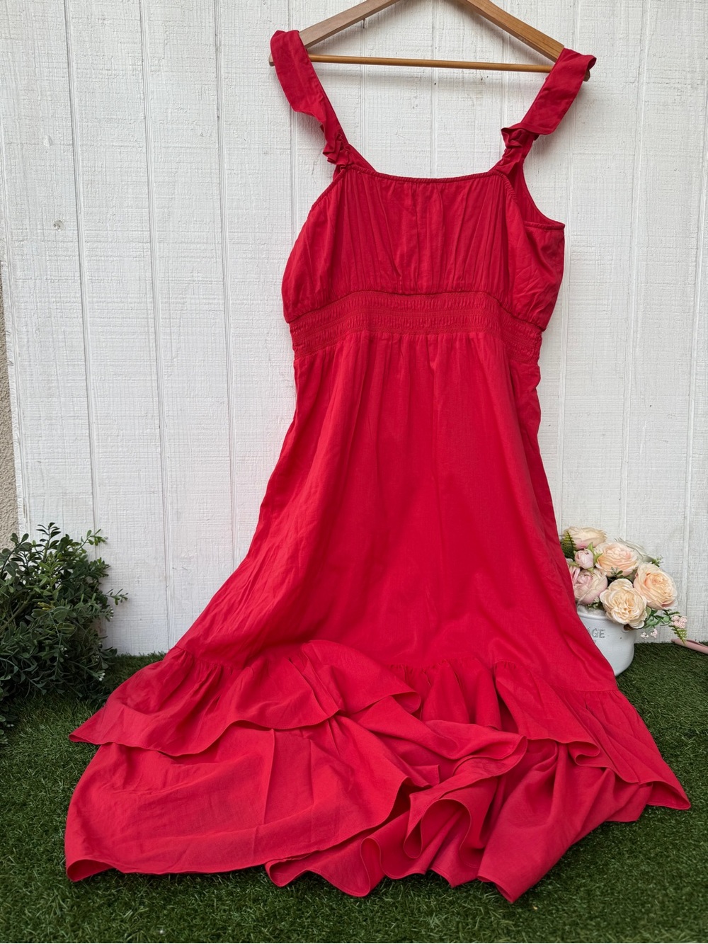 PAIGE Gisela Tiered Hem Midi Dress Red Strawberry Ruffle with Smocked Waist 12 - Picture 11 of 11